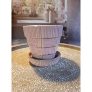 Vintage McCoy USA Pink Ceramic Planter Small Ribbed Basketweave Pot with Saucer